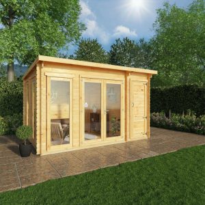 Adley 4.1m x 3m Alpha Pent Log Cabin With Side Shed - 28mm