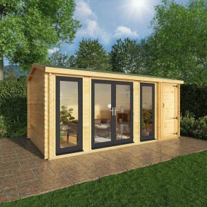 Adley 5.1m x 3m Bravo Home Office Log Cabin With Side Shed & UPVC Windows & Doors - 44mm