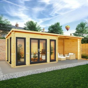 Adley 7m x 3m Alpha Pent Log Cabin With Patio Area & UPVC Windows & Doors - 44mm