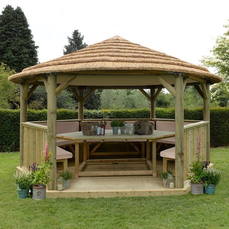 15'x13' (4.7x4m) Luxury Wooden Furnished Garden Gazebo with Thatched Roof - Seats up to 19 people