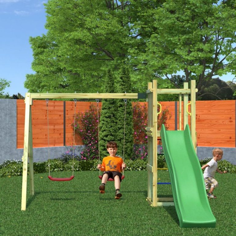 Loxley 11' x 9' Climbing Frame Rock Wall With Double Swing & Slide