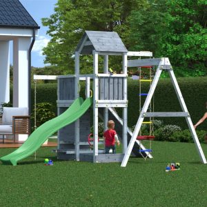 Loxley 13' x 9' Climbing Frame Tower With Swing & Slide - Grey & White