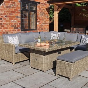 RC Wentworth 5-7 Seater Rattan Deluxe Modular Corner Dining Sofa Set With Rectangular Firepit Table