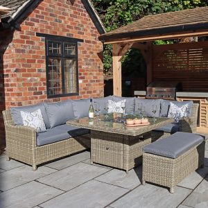 RC Wentworth 5-7 Seater Rattan Deluxe Modular Corner Dining Sofa Set With Square Firepit Table