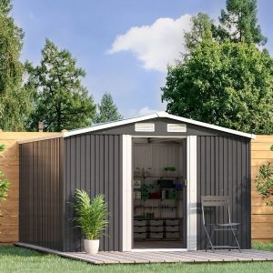 377CM Wide Metal Garden Storage Shed with Gabled Roof Top & Metal Base