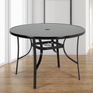 Black Metal Round Outdoor Dining Table with Parasol Hole