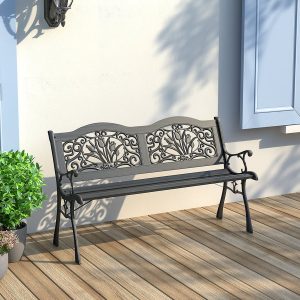 125CM Wide Black Metal Outdoor Bench with Designed Backrest