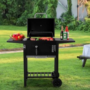 Black Outdoor Charcoal Grill with Smoke Stack