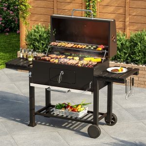 160CM Wide Barrel Charcoal Outdoor Grill with Side Shelves