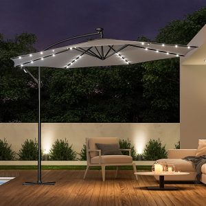 Light Grey Outdoor Cantilever Parasol Umbrella with LED Lights