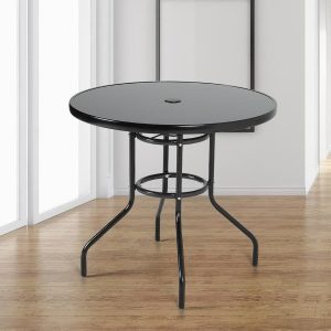 Black Metal Round Outdoor Dining Table with Parasol Hole