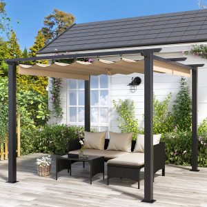 3x3M Pergola with Retractable Sun Shade Canopy - Beige