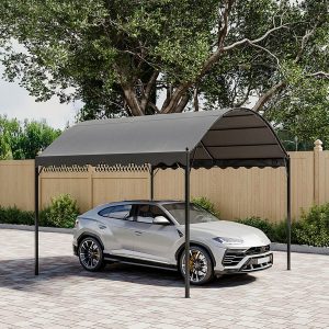 Outdoor Metal Arched Pergola Car Canopy with Shade - Dark Grey / 29.1kg