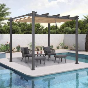 Metal Pergola with Retractable Roof Outdoor Gazebo - Beige