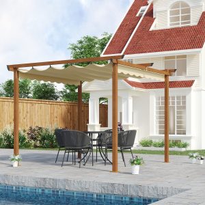 Outsunny Outdoor Pergola Canopy Patio Gazebo with Retractable Roof - Khaki