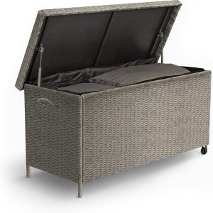 Rattan Storage Box for Garden with Lockable Lid and Wheels - Grey