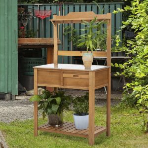 Outsunny Galvanized Wooden Garden Potting Table - Natural