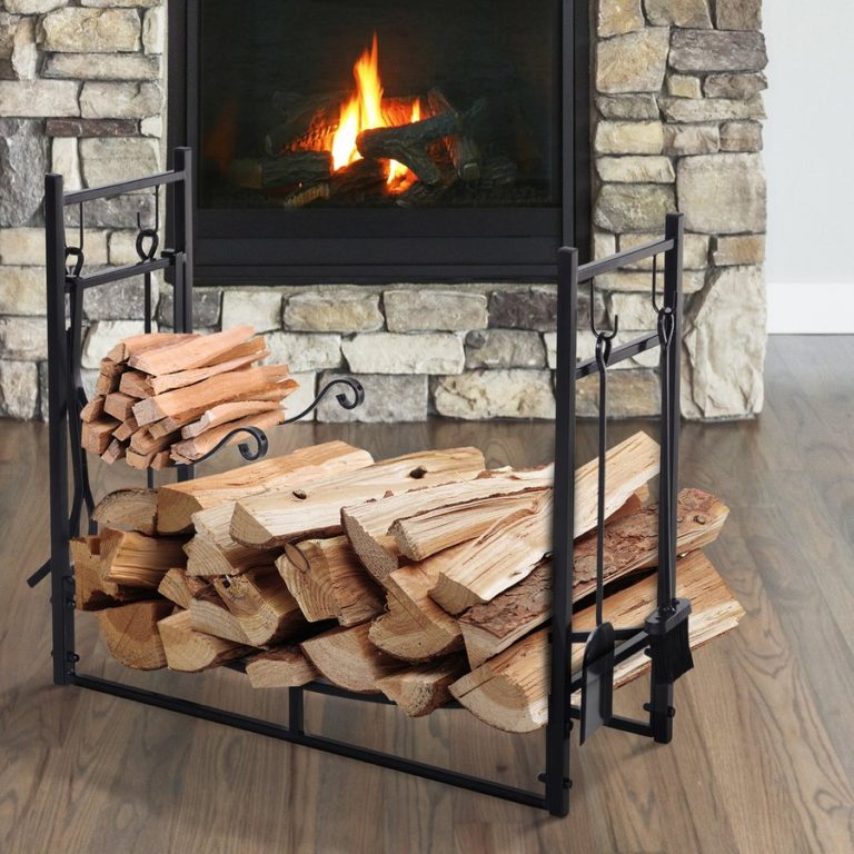 Outsunny Firewood Stand Log Rack with 4 Piece Fireplace Tools Set - Black