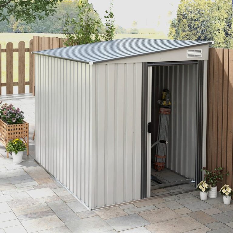 Outsunny 5 x 7FT Lean to Garden Shed w Foundation Metal Tool Storage Shed - White