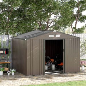 Outsunny 9 x 6FT Outdoor Garden Roofed Metal Storage Shed - Brown