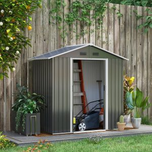 Outsunny Metal Garden Storage Shed with Double Sliding Doors - Dark Grey