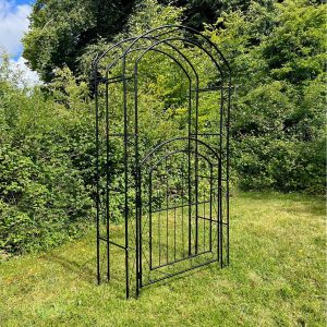 Metal Windsor Garden Arch with Gate and Fixing Pegs - Black