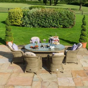 MZ Winchester 6 Seater Oval Rattan Dining Set with Heritage Chairs Ice Bucket & Lazy Susan