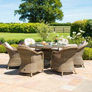 MZ Winchester 6 Seater Round Rattan Dining Set with Heritage Chairs Ice Bucket & Lazy Susan